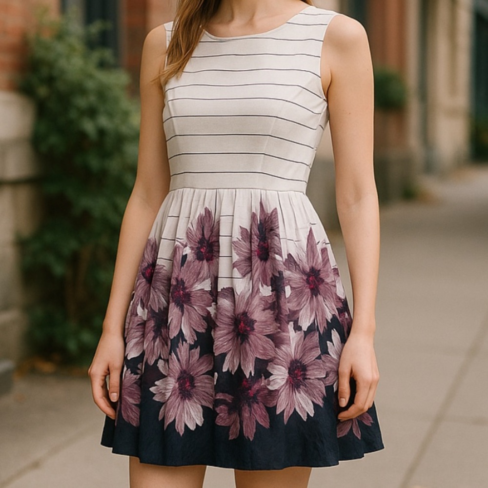 NWT She Sky Flare Dress White Floral Bohemian Sz Large New With Tags Skater Y2K